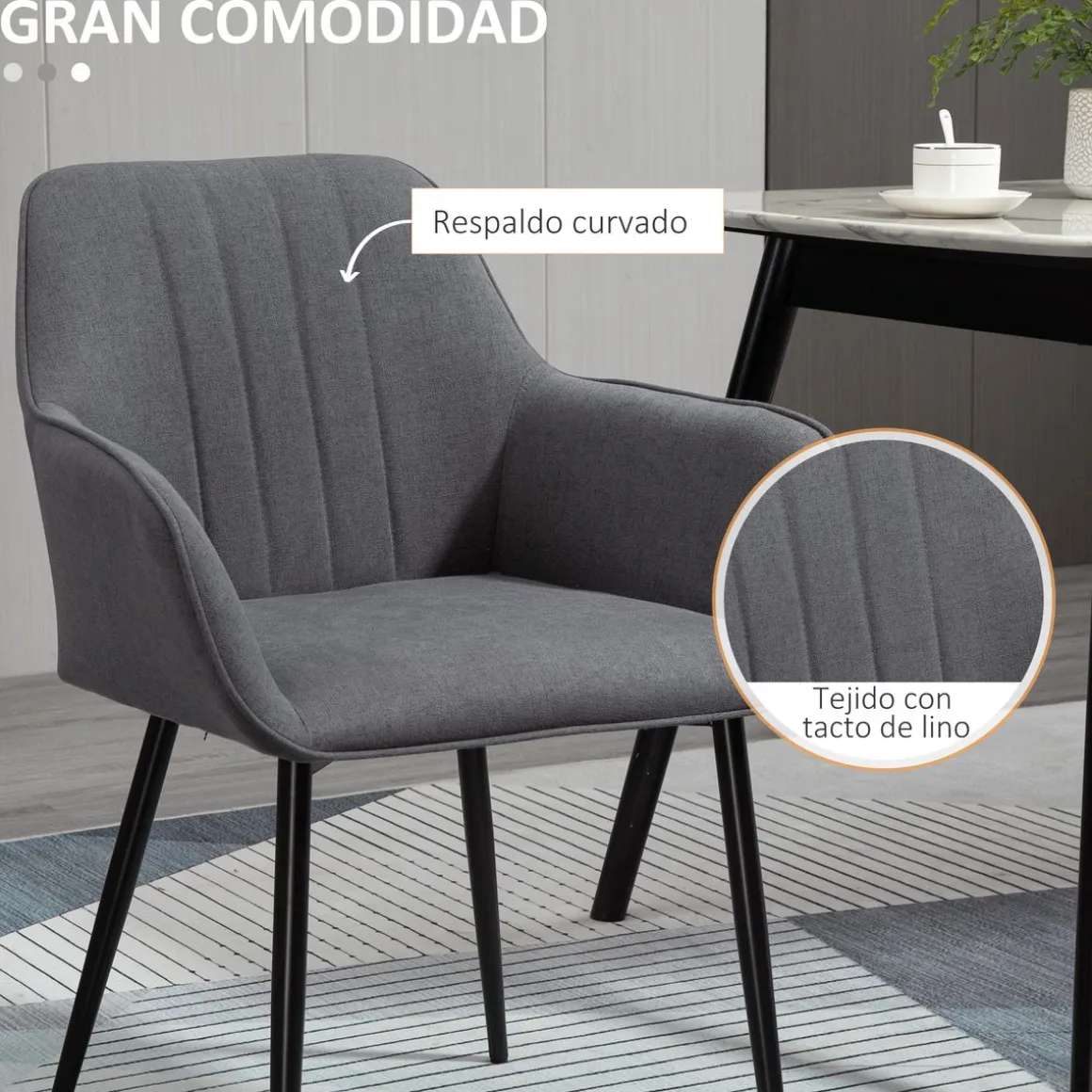 Pack de 2 sillas de comedor Uchiko Homcom tapizado lino gris 81x59,5x56,5 cm