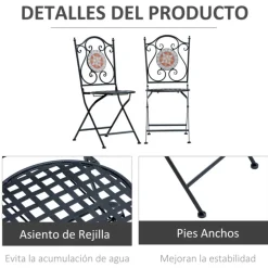 Pack de 2 sillas de jardín Outsunny plegables mosaico negro 92,5x39x50 cm