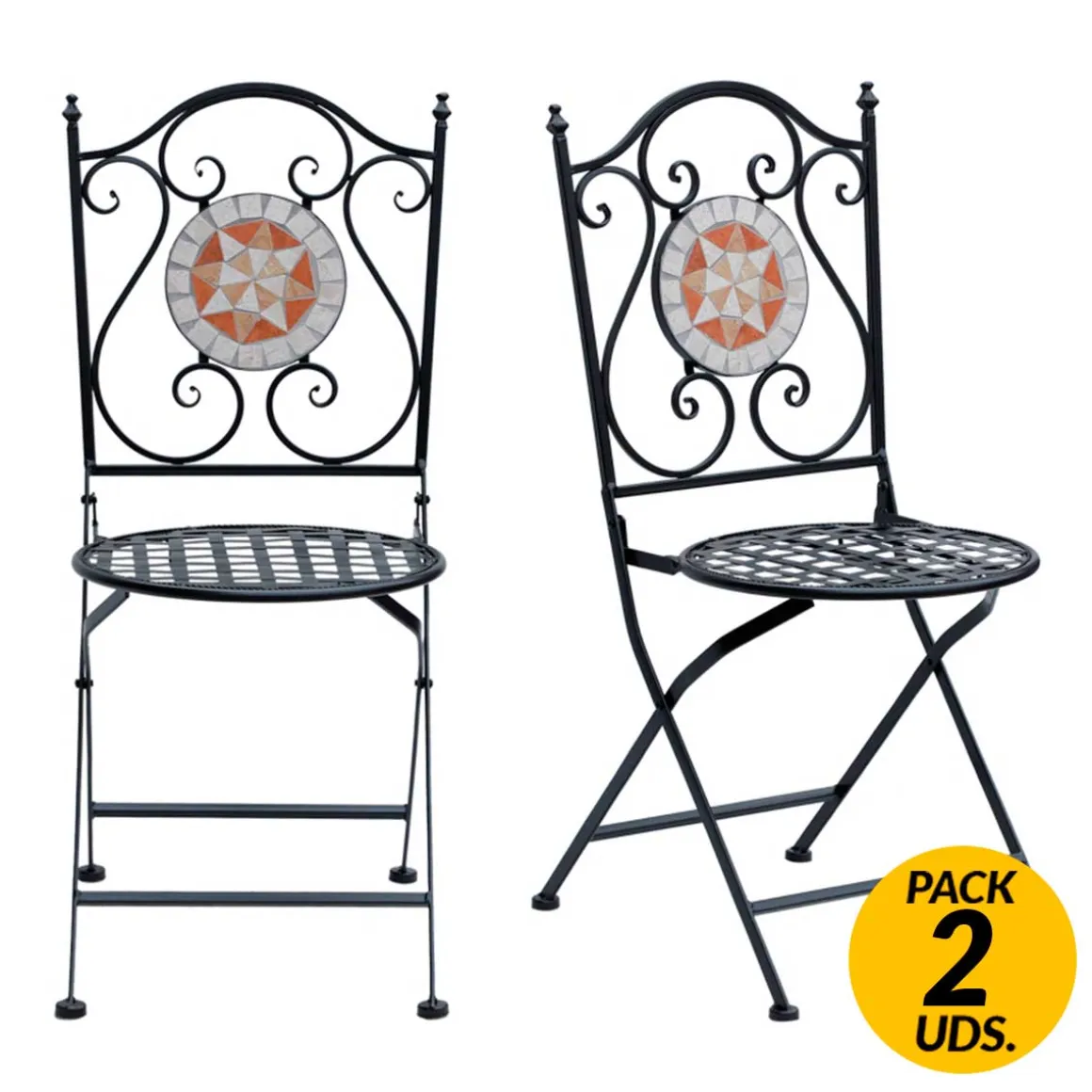 Pack de 2 sillas de jardín Outsunny plegables mosaico negro 92,5x39x50 cm