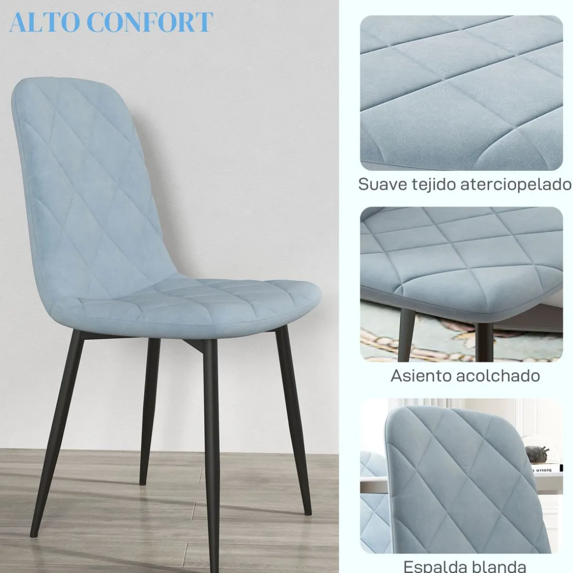 Pack de 4 sillas Egipto Homcom tapizadas terciopelo 87x45x54 cm