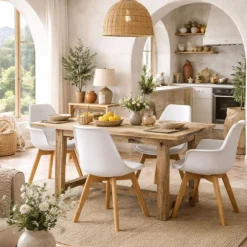 Pack de 4 sillas Marlot con reposabrazos blanco/natural 80x61x59 cm