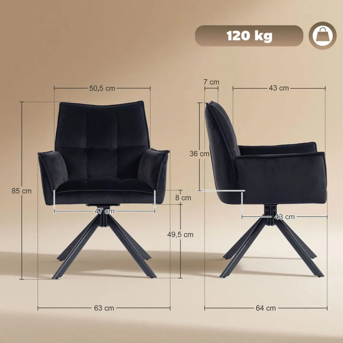 Pack de 2 sillas Velvet Homcom respaldo acolchado 85x64x63 cm