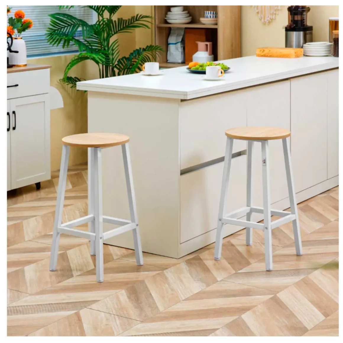 Pack de 2 taburetes altos de cocina Homcom blanco/natural 65x32,5x32,5 cm