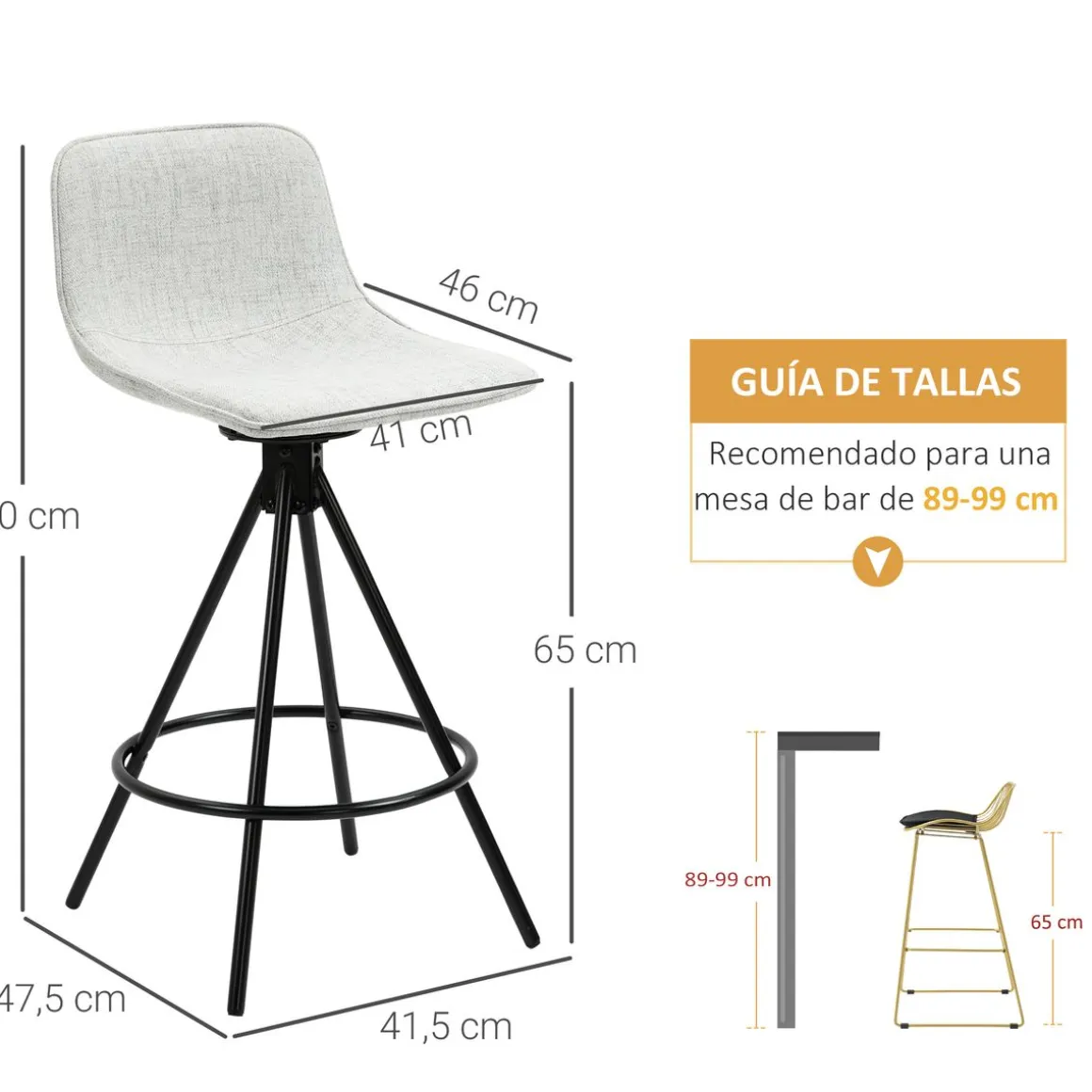 Pack de 2 taburetes altos Zenica Homcom giratorios gris claro 90x41,5x47,5 cm