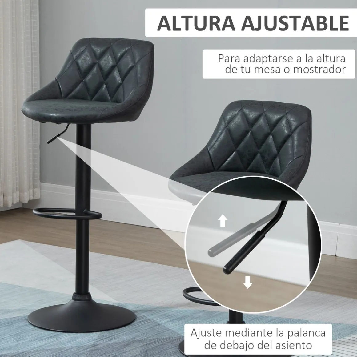 Pack de 2 taburetes Damn Homcom con respaldo altura ajustable negro 83-104x46x48 cm