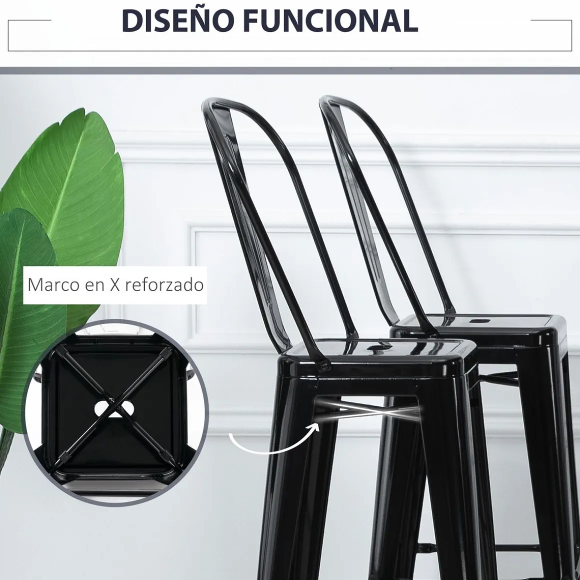 Pack de 4 taburetes Homcom Virgo apilables con respaldo alto116x49x44 cm