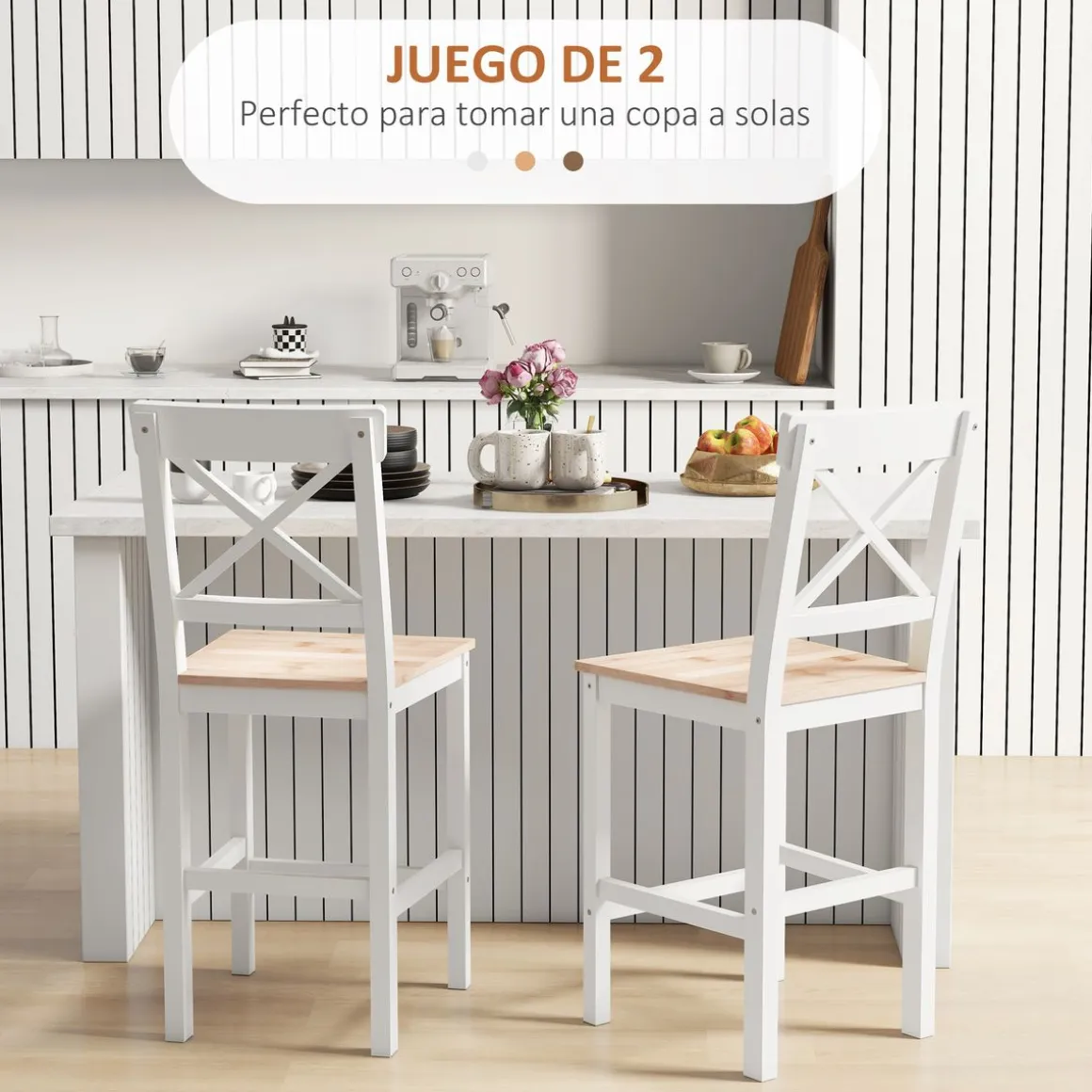 Pack de 2 taburetes Miles Homcom con respaldo y reposapiés blanco/natural 97,5x41x46 cm