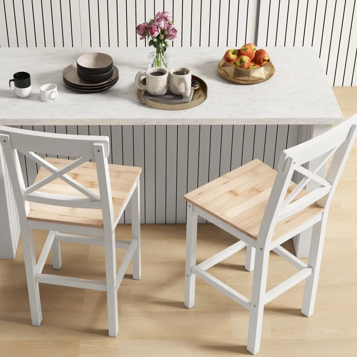 Pack de 2 taburetes Miles Homcom con respaldo y reposapiés blanco/natural 97,5x41x46 cm