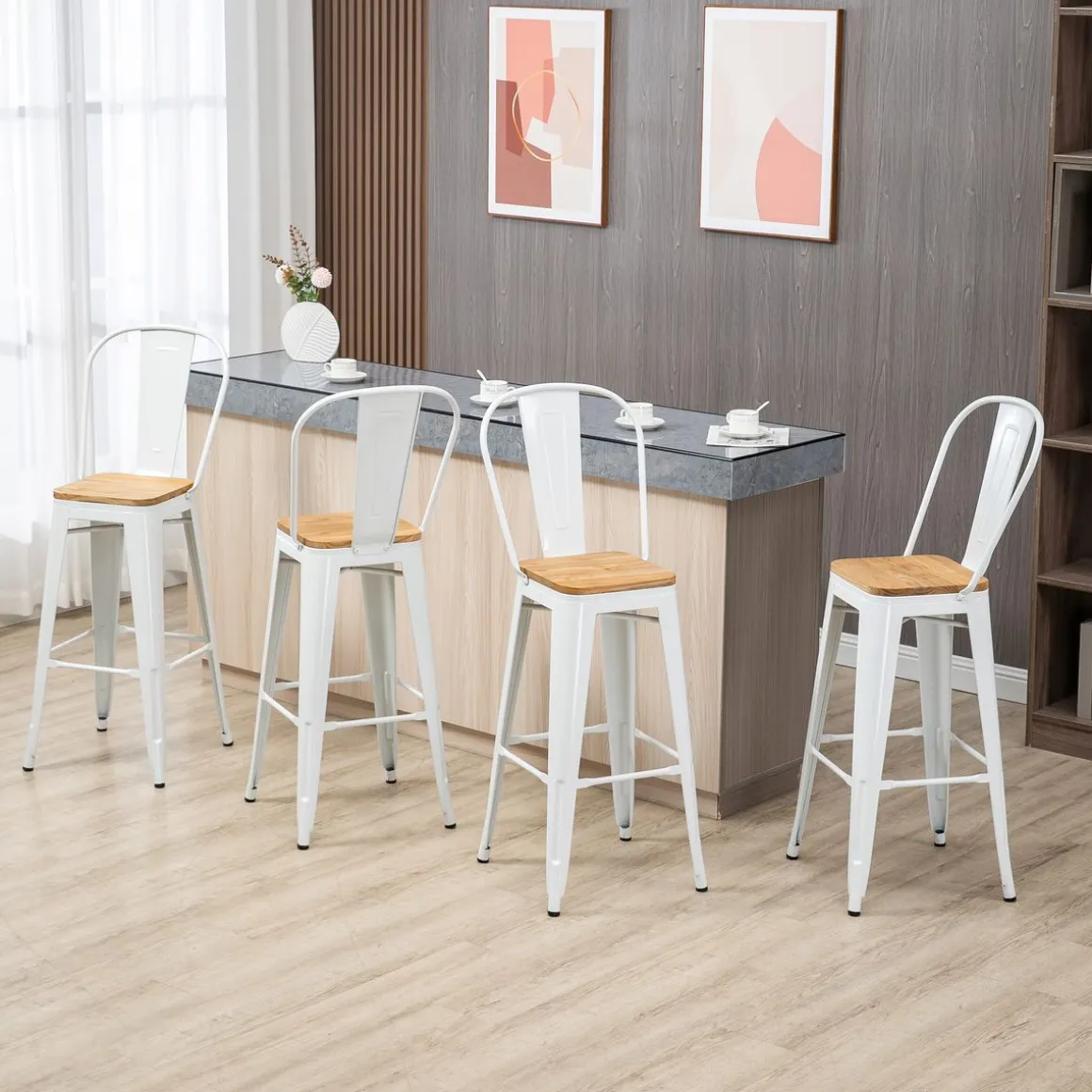 Pack de 4 taburetes Roosky Homcom altos apilables blanco/natural 117x44x48 cm