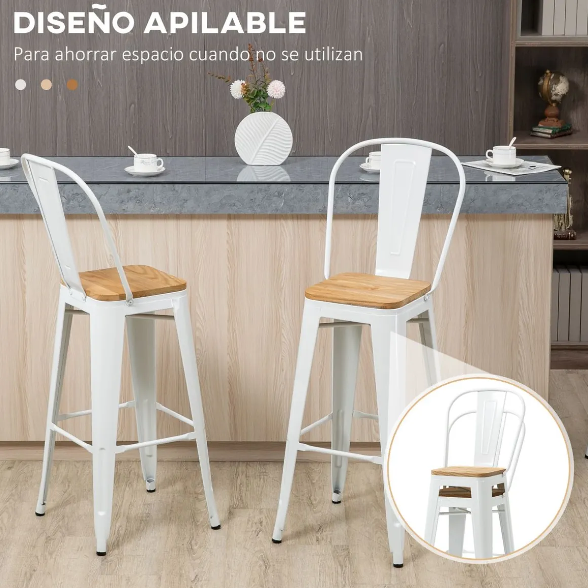 Pack de 4 taburetes Roosky Homcom altos apilables blanco/natural 117x44x48 cm