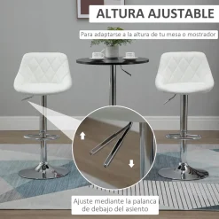 Pack de 2 taburetes Shangai Homcom altura regulable con reposapiés blanco 83-104x46x48 cm