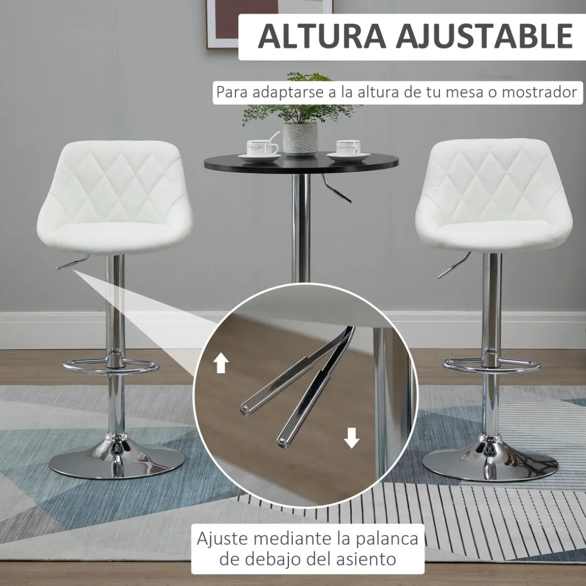 Pack de 2 taburetes Shangai Homcom altura regulable con reposapiés blanco 83-104x46x48 cm