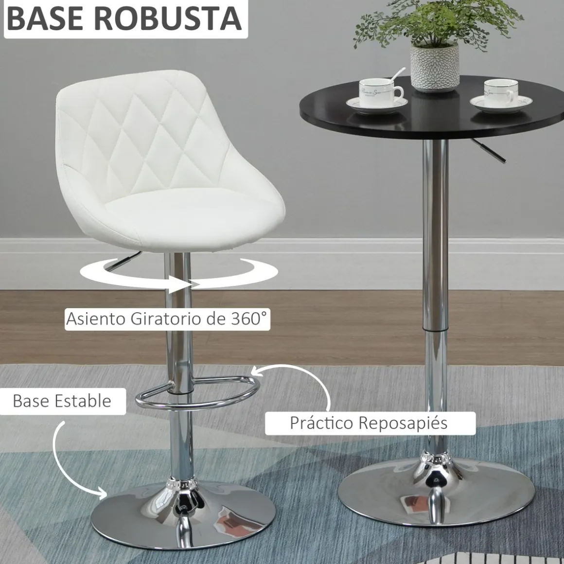 Pack de 2 taburetes Shangai Homcom altura regulable con reposapiés blanco 83-104x46x48 cm