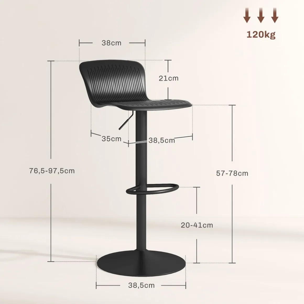 Pack de 2 taburetes Tutu Homcom altura ajustable giratorios negro 16,5-97,5x38,5x40 cm