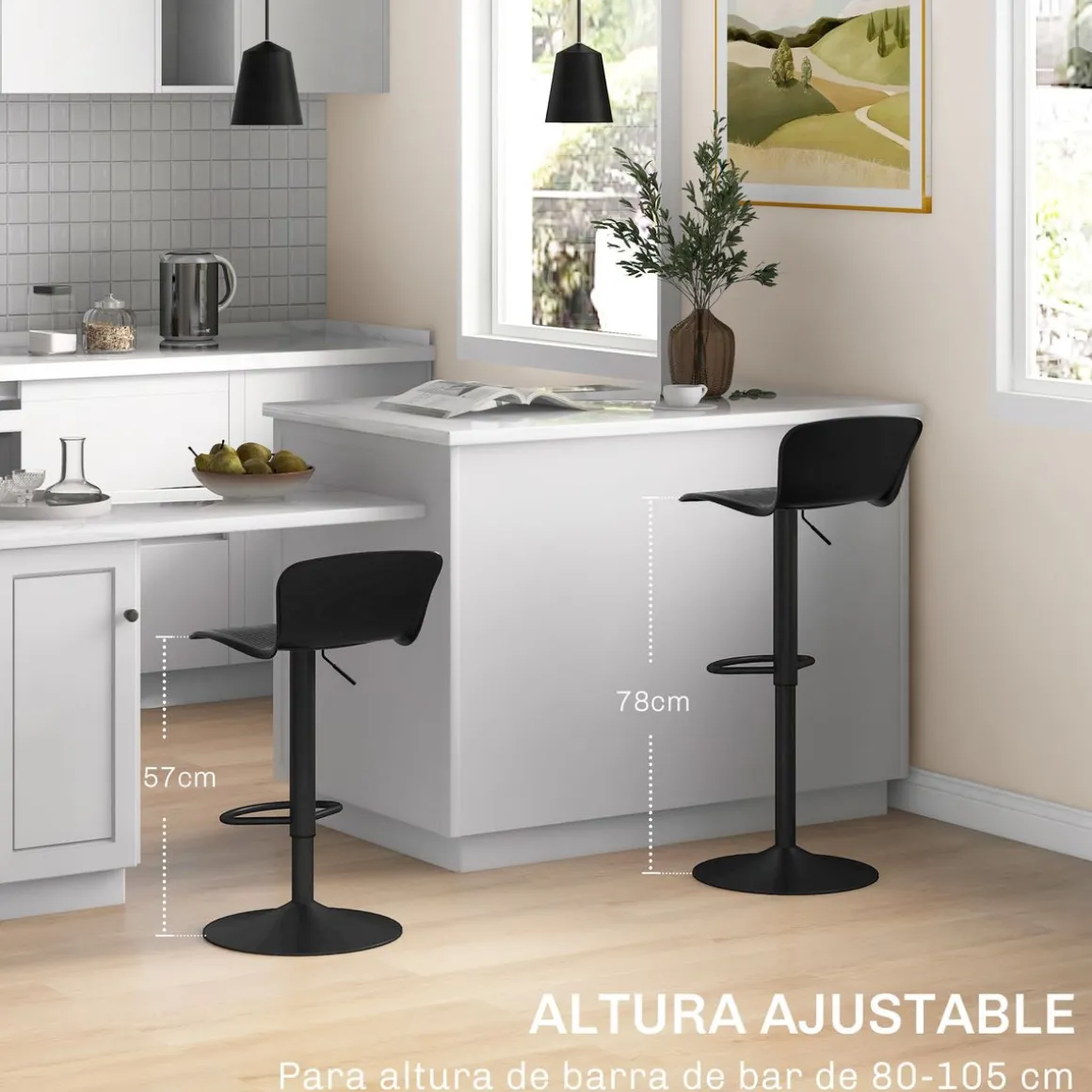 Pack de 2 taburetes Tutu Homcom altura ajustable giratorios negro 16,5-97,5x38,5x40 cm