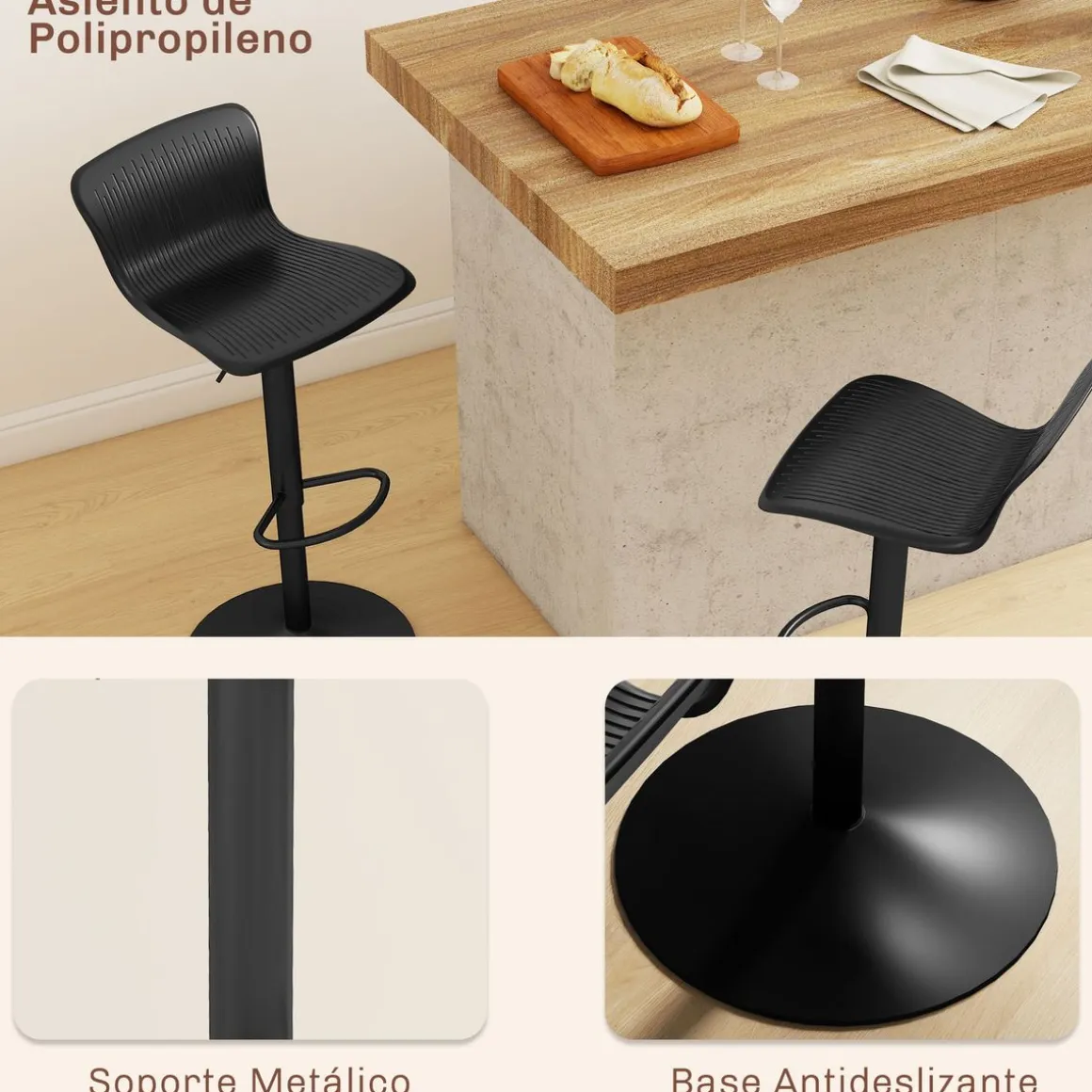 Pack de 2 taburetes Tutu Homcom altura ajustable giratorios negro 16,5-97,5x38,5x40 cm