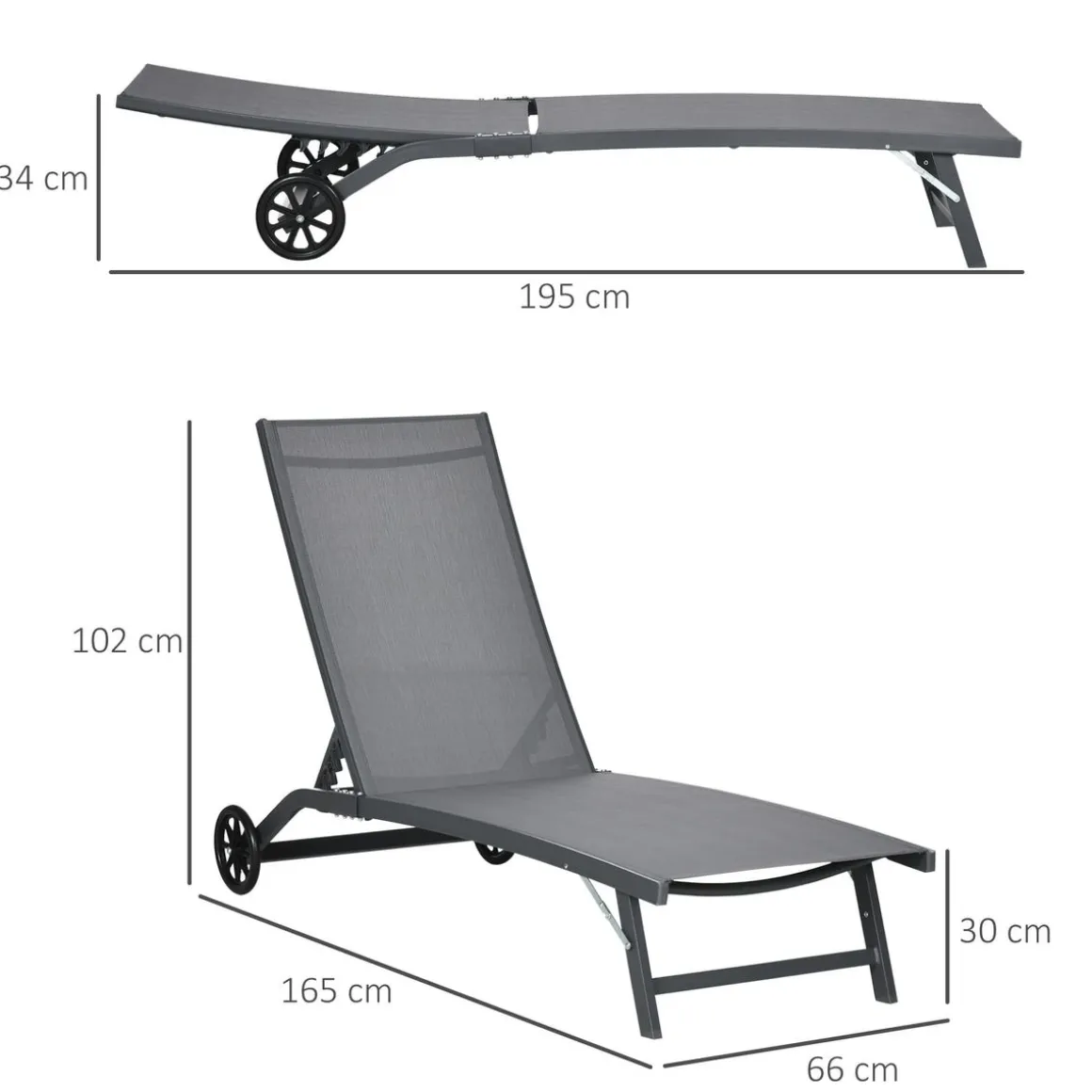 Pack de 2 tumbonas Lucas Outsunny reclinables con ruedas 102x165x66 cm