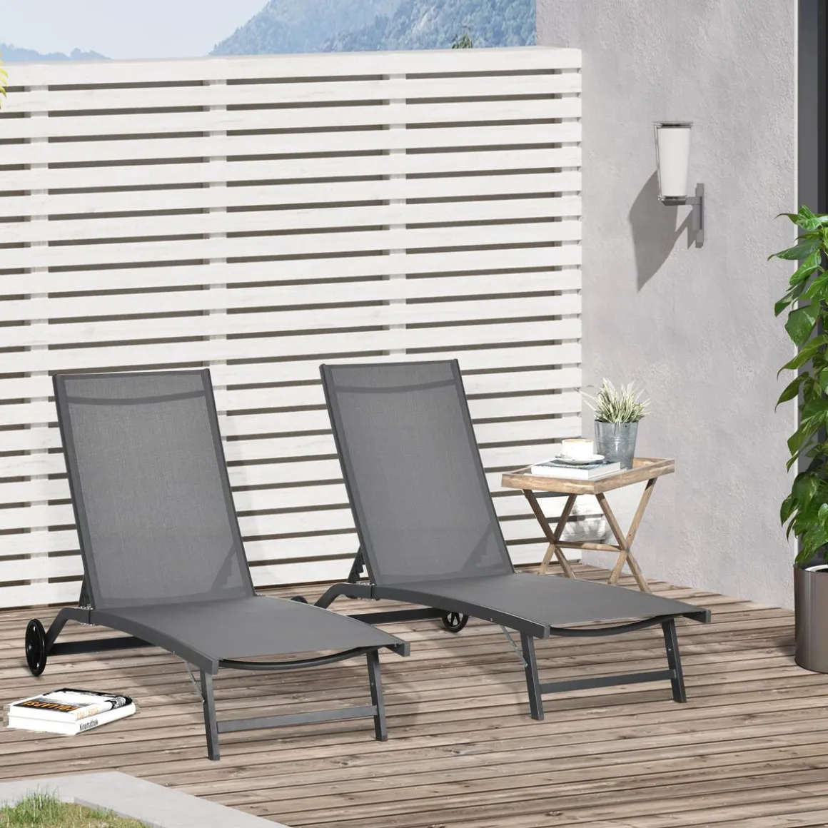 Pack de 2 tumbonas Lucas Outsunny reclinables con ruedas 102x165x66 cm