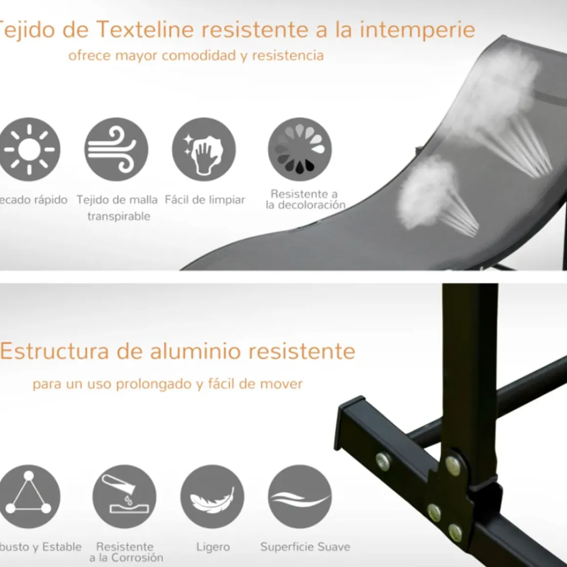 Pack de 2 tumbonas Outsunny plegables forma de S ergonómicas gris 63x61x165 cm