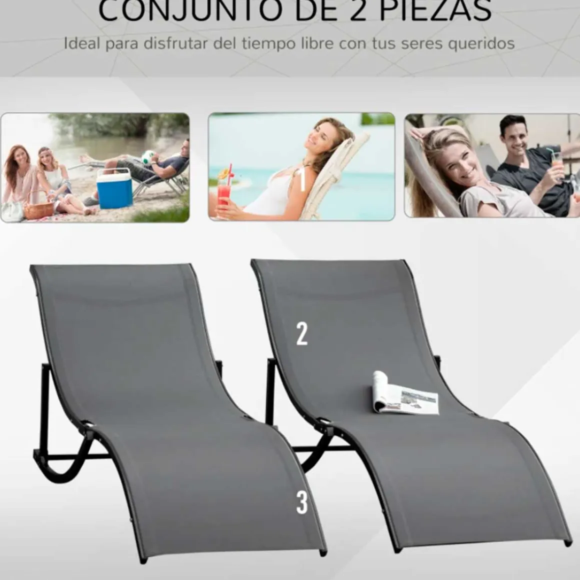 Pack de 2 tumbonas Outsunny plegables forma de S ergonómicas gris 63x61x165 cm