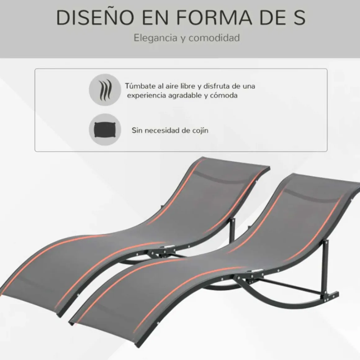 Pack de 2 tumbonas Outsunny plegables forma de S ergonómicas gris 63x61x165 cm