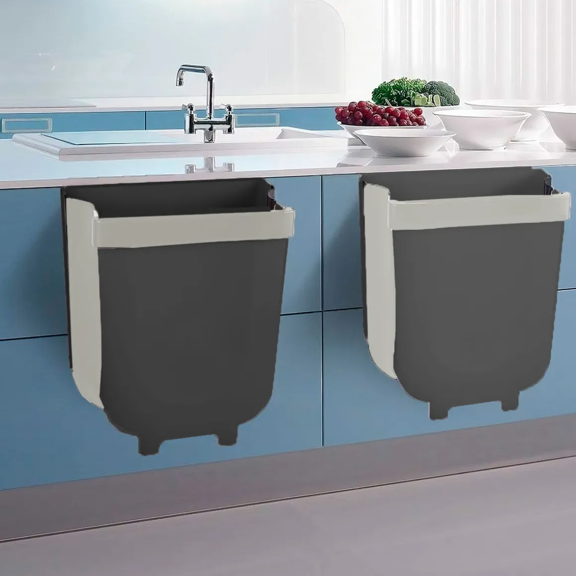 Papelera de cocina plegable 9L con colgador negro/gris