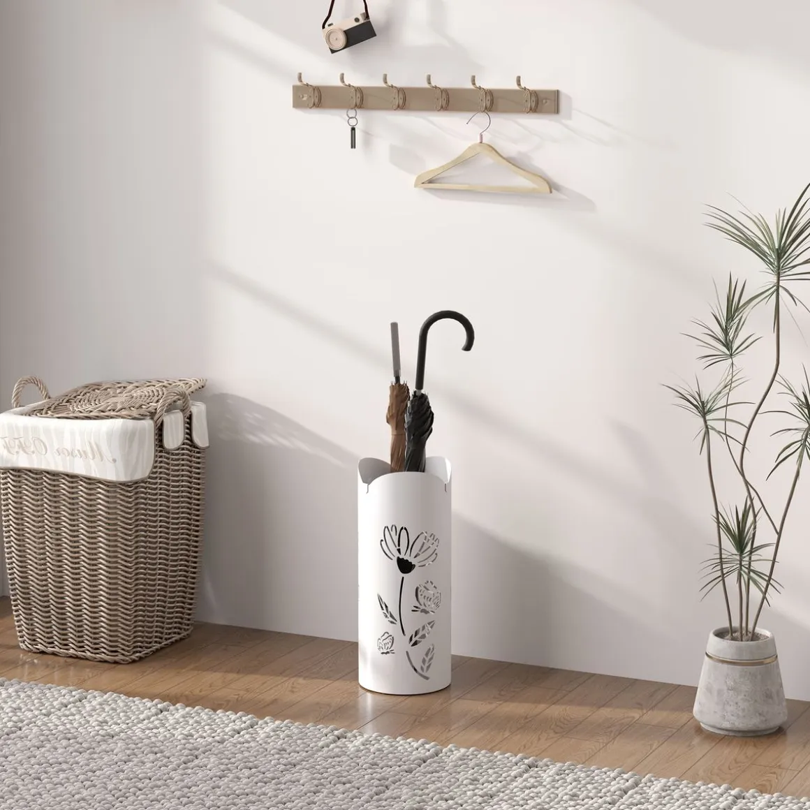 Paragüero Gisel Homcom 4 ganchos con bandeja de goteo blanco 41x17x17 cm