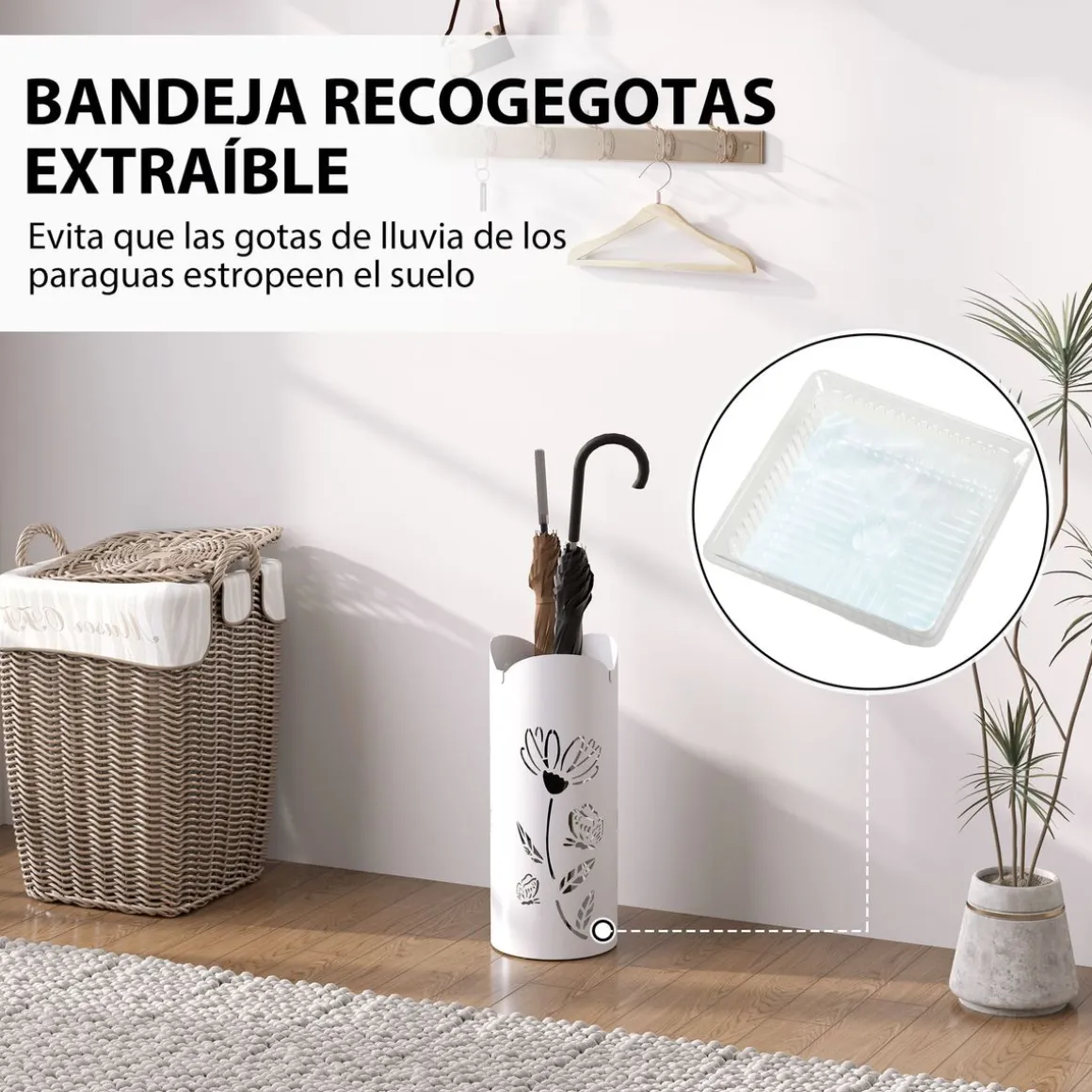 Paragüero Gisel Homcom 4 ganchos con bandeja de goteo blanco 41x17x17 cm