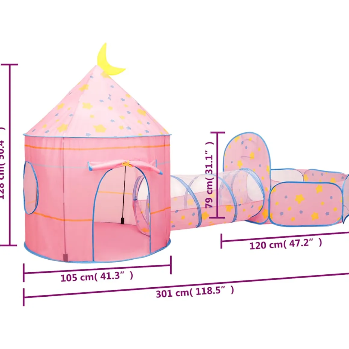 Parque de juegos infantil PinkDream 2 tiendas + túnel multicolor 128x120x301 cm