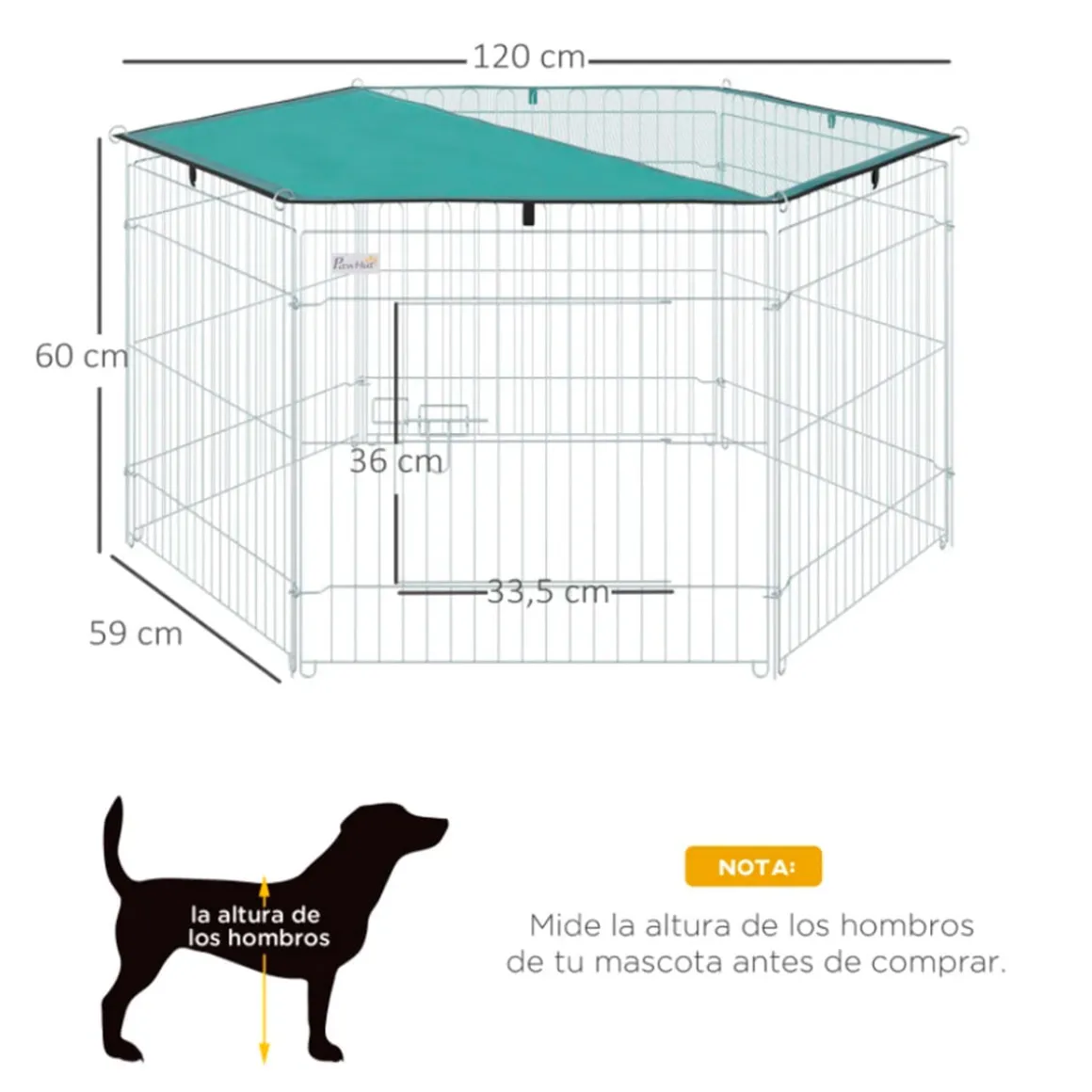 Parque de juegos para perros PawHut 6 paneles con puerta + toldo inox Ø120x60 cm