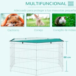 Parque de juegos para perros PawHut 6 paneles con puerta + toldo inox Ø120x60 cm