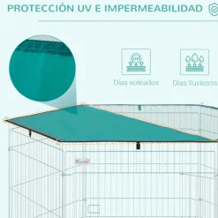 Parque de juegos para perros PawHut 6 paneles con puerta + toldo inox Ø120x60 cm