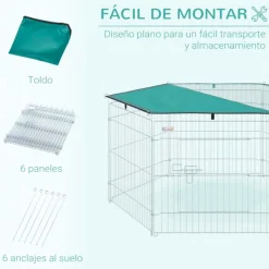 Parque de juegos para perros PawHut 6 paneles con puerta + toldo inox Ø120x60 cm