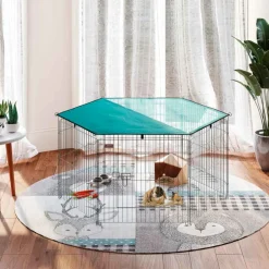 Parque de juegos para perros PawHut 6 paneles con puerta + toldo inox Ø120x60 cm