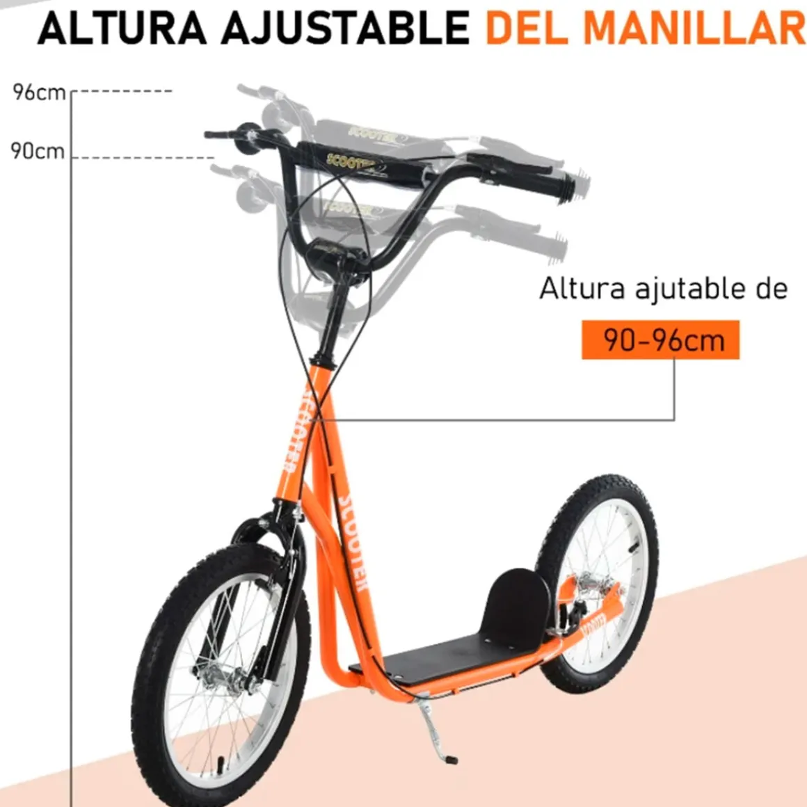 Patinete infantil Homcom con manillar ajustable y doble freno +5A naranja 90/96x139x58 cm