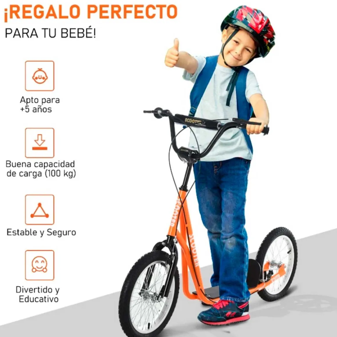 Patinete infantil Homcom con manillar ajustable y doble freno +5A naranja 90/96x139x58 cm