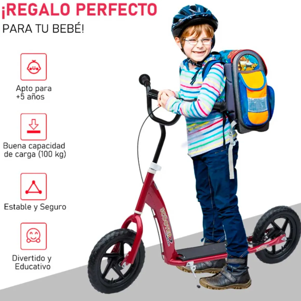 Patinete infantil Homcom plegable y ajustable 2 ruedas con freno +5A rojo 80/88x120x52 cm