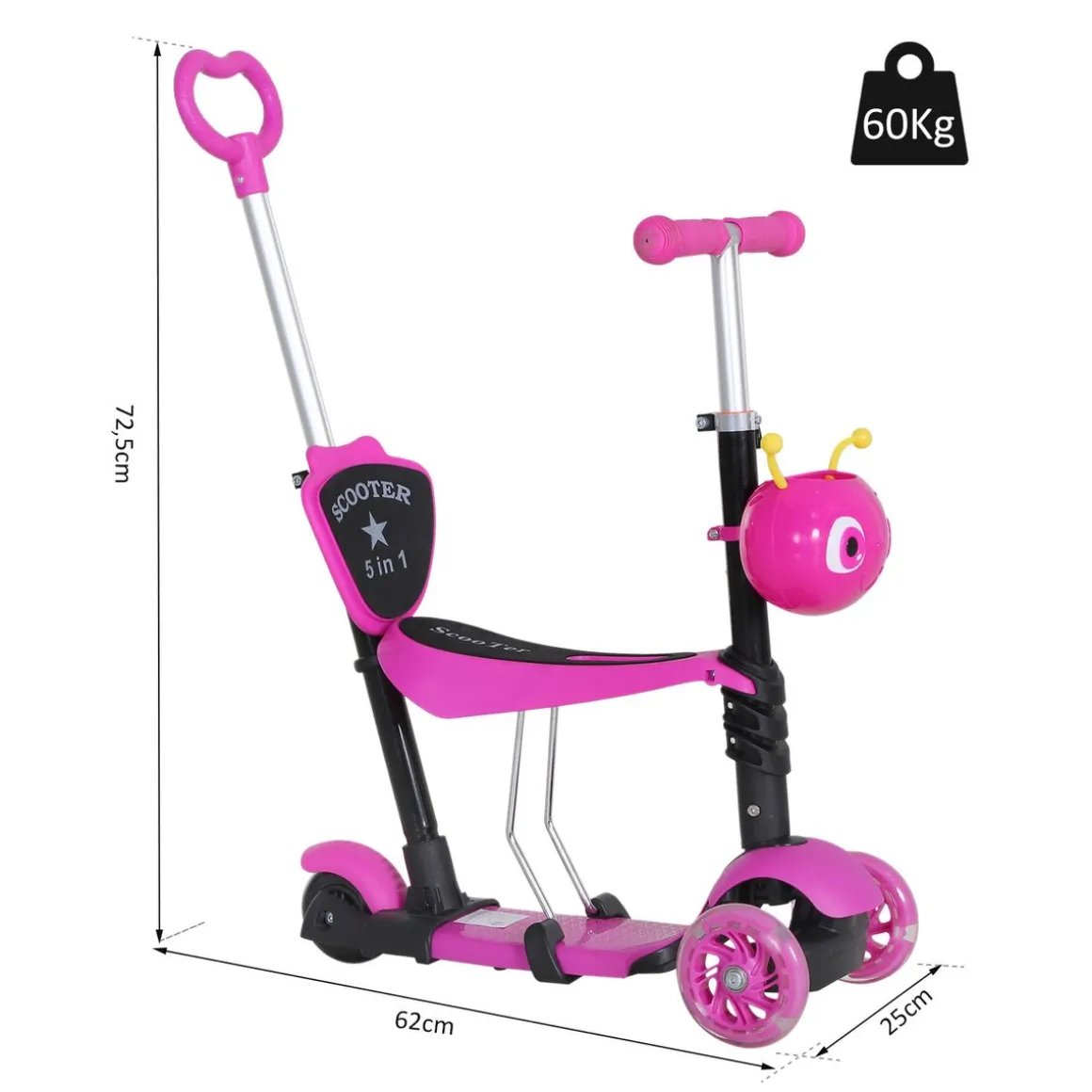 Patinete infantil Miga Homcom 3 en 1 con asiento +18 meses rosa 72,5x62x25 cm