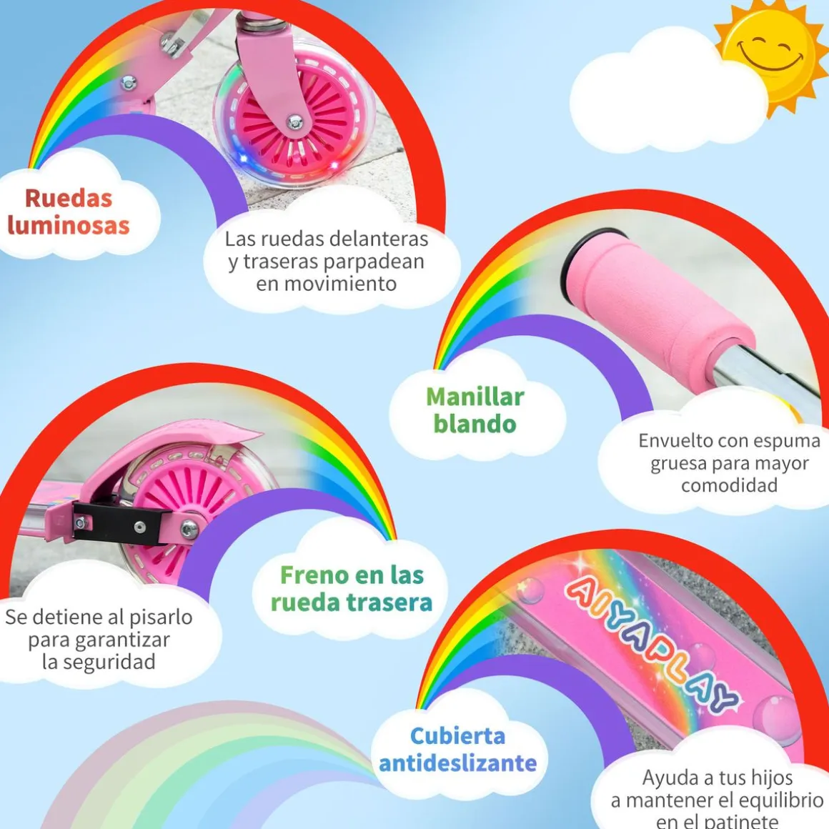 Patinete infantil Unicornio Homcom plegable luz LED + música 65-78x67x32 cm