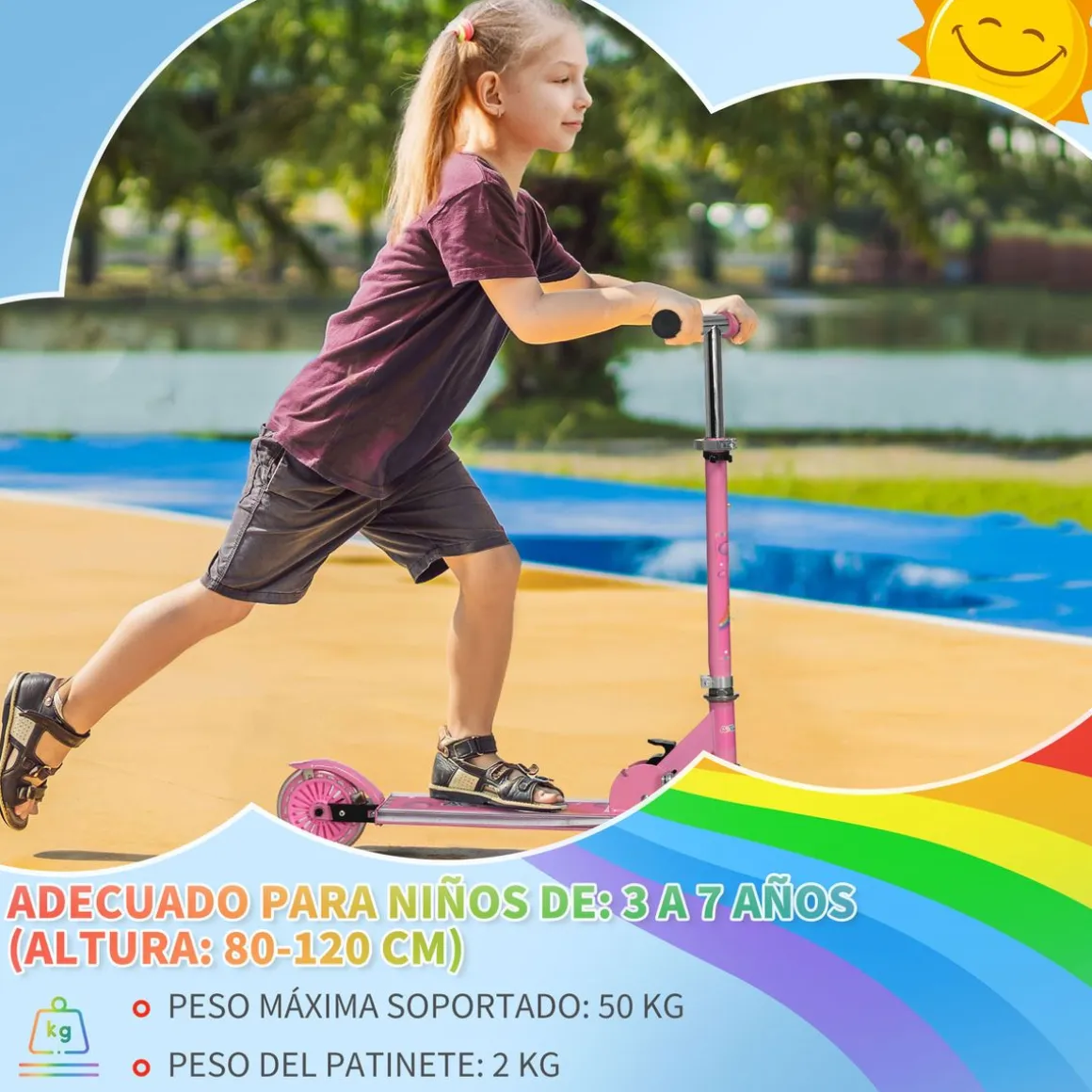 Patinete infantil Unicornio Homcom plegable luz LED + música 65-78x67x32 cm