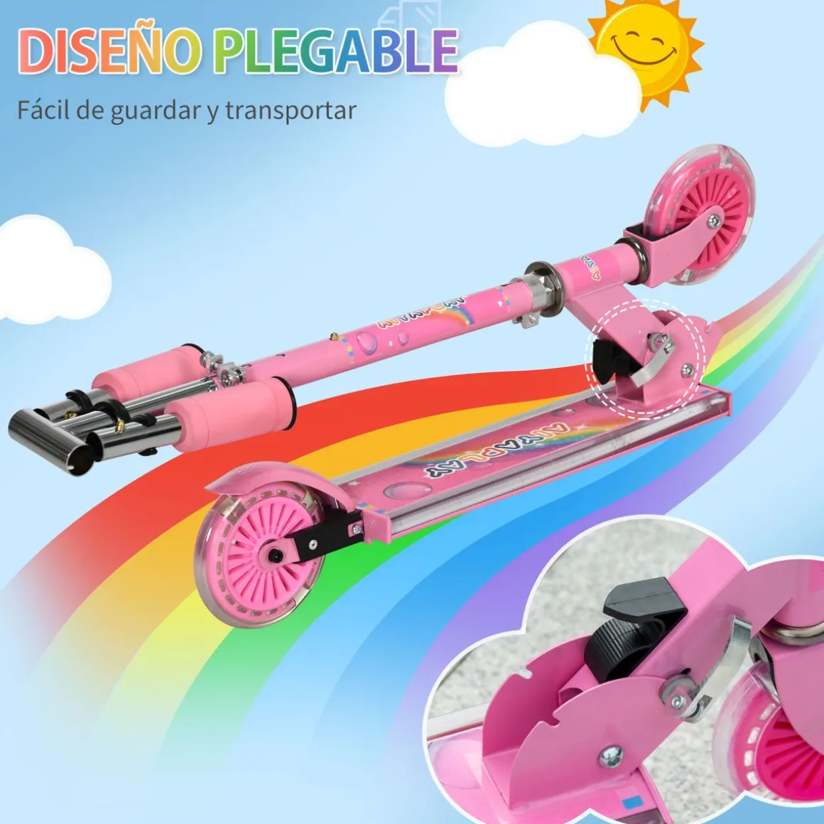 Patinete infantil Unicornio Homcom plegable luz LED + música 65-78x67x32 cm