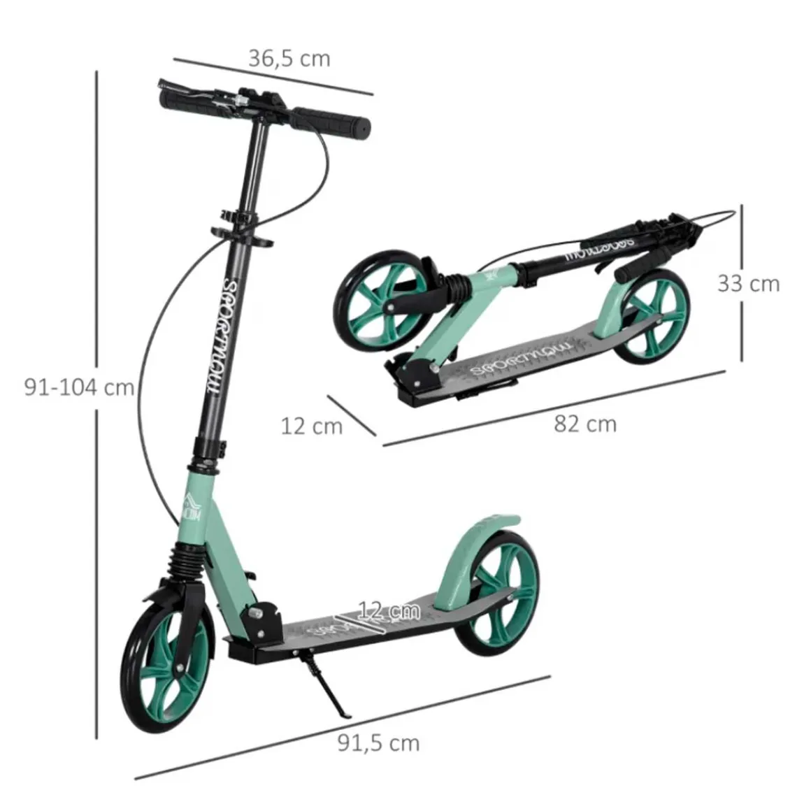 Patinete plegable Homcom +14A negro/verde 91-104x91,5x36,5 cm