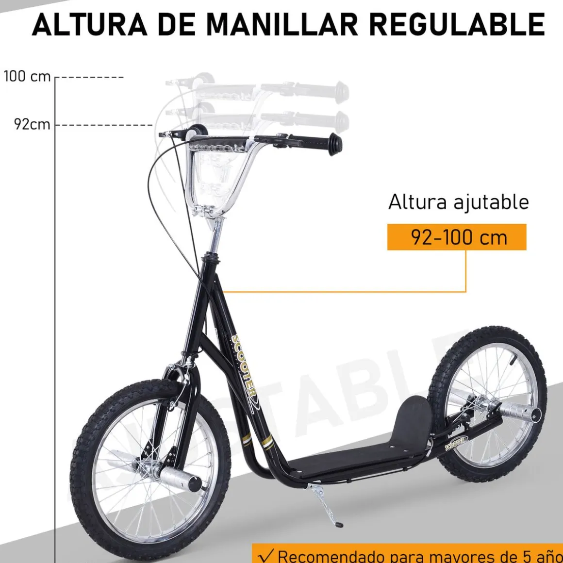 Patinete Scooter Homcom +5A altura regulable + frenos negro 92-100x143x58 cm