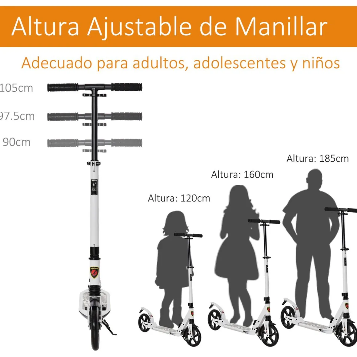 Patinete scooter Homcom plegable altura ajustbale +14 años 90-105x94x38 cm