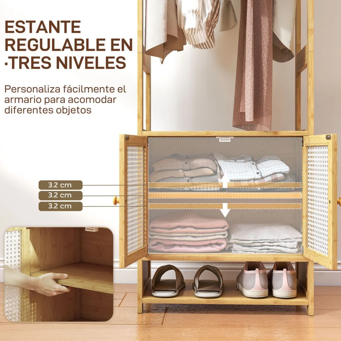 Perchero Aoi Homcom con barra y armario natural 168x53x31 cm