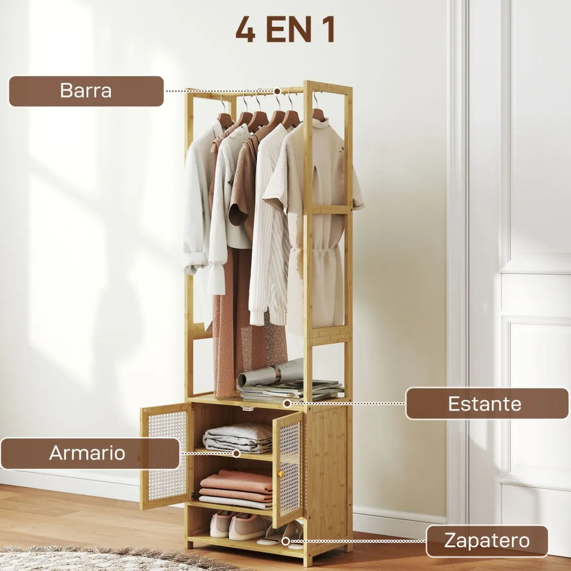Perchero Aoi Homcom con barra y armario natural 168x53x31 cm