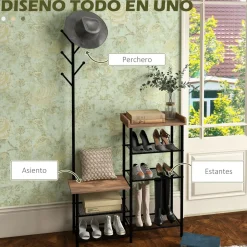 Perchero con zapatero Redeo Homcom 5 estantes + 6 ganchos marrón 182x92,5x28,2 cm