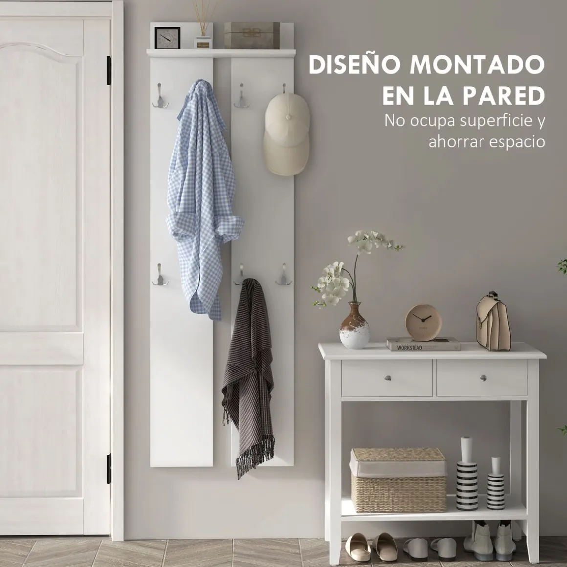 Perchero de pared Doo Homcom 1 estante 8 ganchos blanco 170x55x21,3 cm