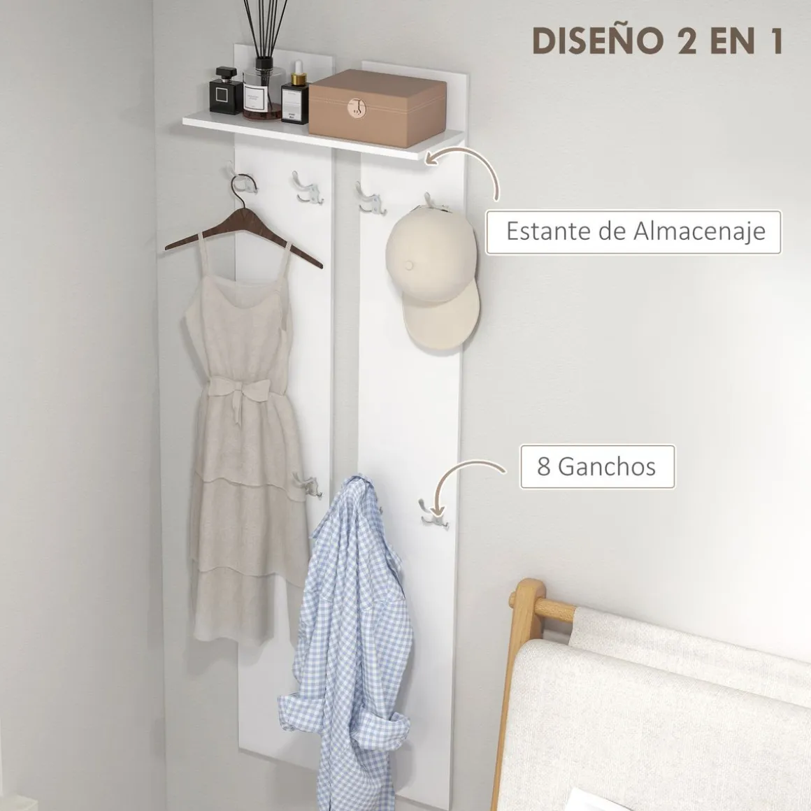 Perchero de pared Doo Homcom 1 estante 8 ganchos blanco 170x55x21,3 cm