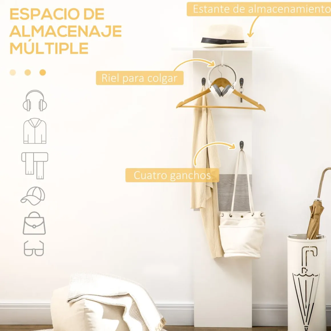 Perchero de pared Oddi Homcom 4 ganchos + estante con barra blanco 60x50x23,5 cm